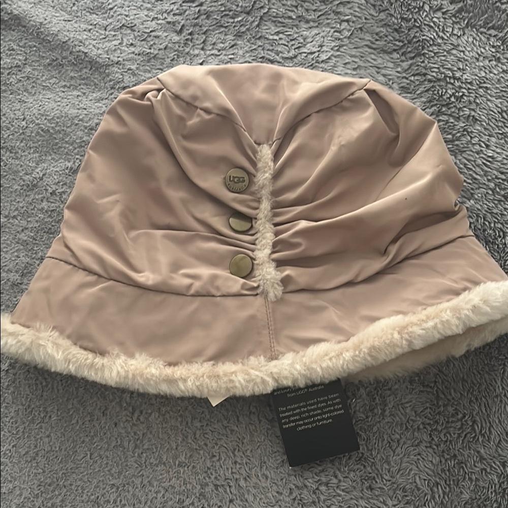UGG Beige Bucket Hat with faux Fur Trim